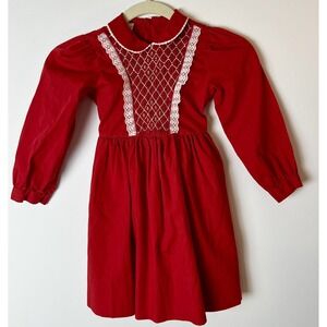 VTG 70s Polly Flinders Dress Girls Sz 6 Red Embroidered Smocked Lace Collar M/S